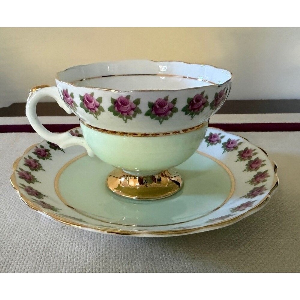 Vintage Rosina Bone China Teacup Saucer Set Mint Green Pink Roses Gold Gilt